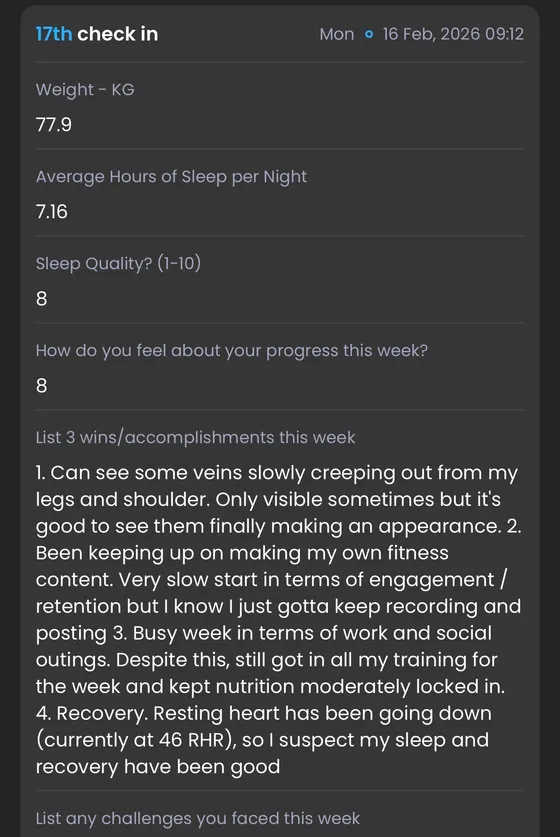 A weekly client check in inside the Ascend coaching app, tracking weight, sleep and progress