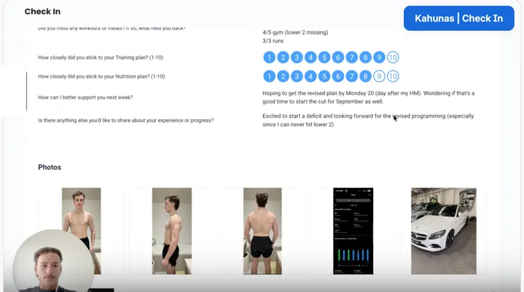 A Loom video check-in reviewing adherence and progress photos, with the coach on camera